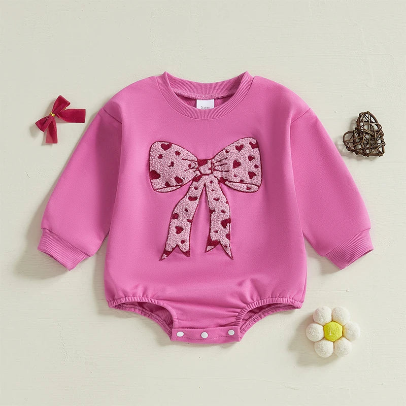 Baby Girls Bubble Romper Heart Bow Embroidery Long Sleeve Jumpsuit Valentine's Day