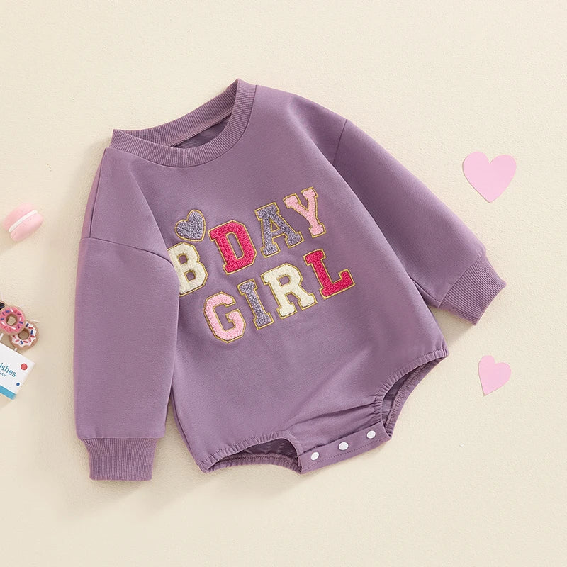 Baby Girl Boy BDAY GIRL / BOY Birthday Romper First Birthday Long Sleeve Round Neck Letter Embroidery Bodysuit Playsuit