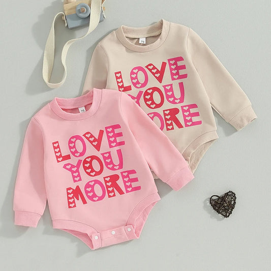 Baby Toddler Girls Valentine's Day Jumpsuit Letter LOVE YOU MORE Heart Print O-Neck Long Sleeve Bubble Romper