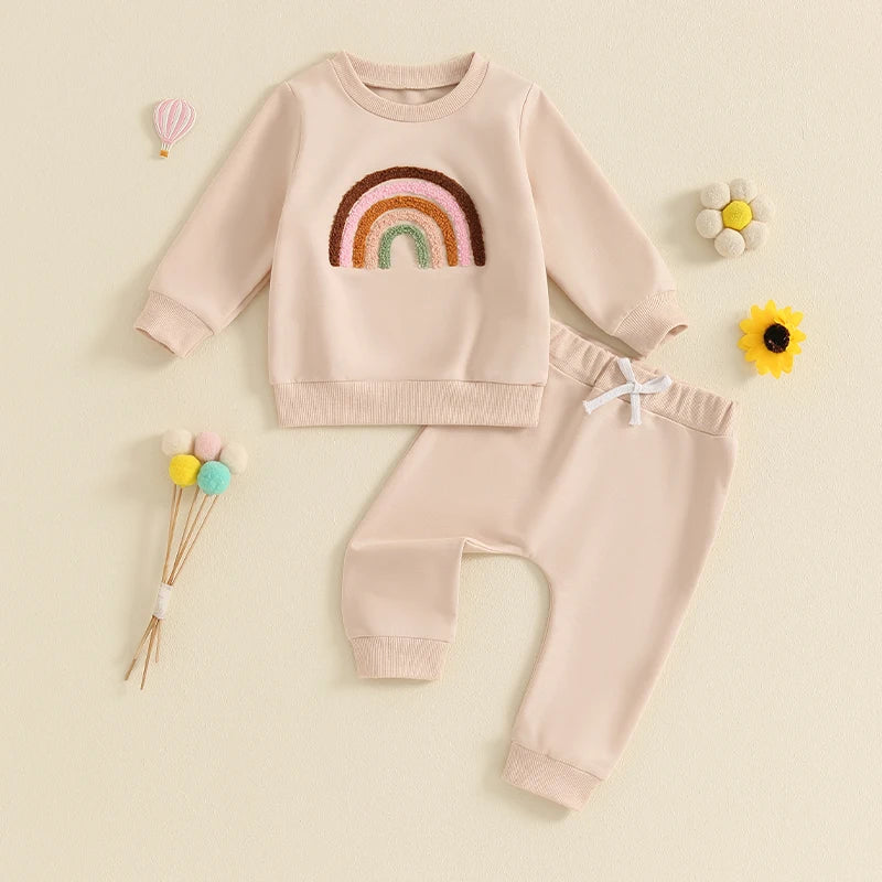 Baby Toddler Girls 2Pcs Outfit Embroidery Rainbow Long Sleeve Crew Neck Top with Elastic Waist Pants Set