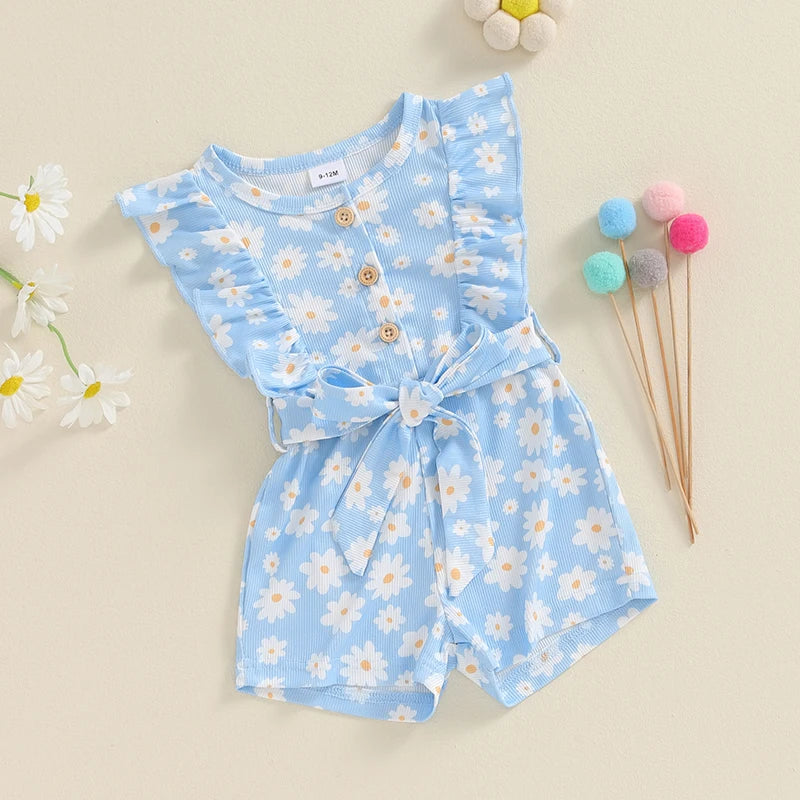 Baby Toddler Girls Summer Jumpsuit Ruffle Sleeveless Round Neck Floral Flower Print Belted Romper Shorts Playsuit