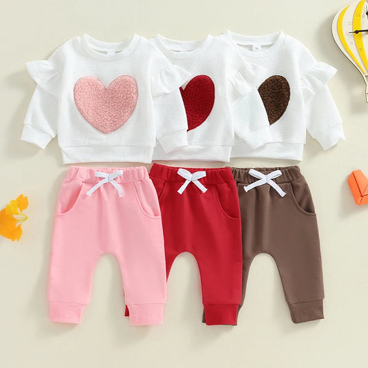 Baby Toddler Girls 2Pcs Outfit Heart Embroidery Ruffles Long Sleeve Top and Elastic Pants Set