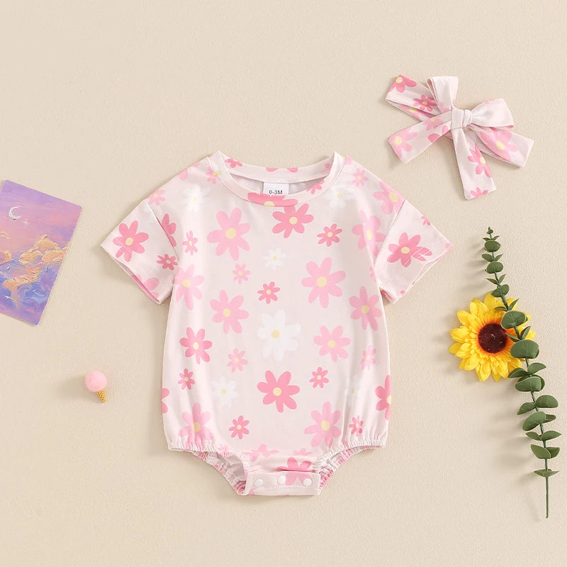 Baby Girl 2Pcs Summer Jumpsuit Daisy Flower Print Short Sleeve Round Neck Romper with Headband Set