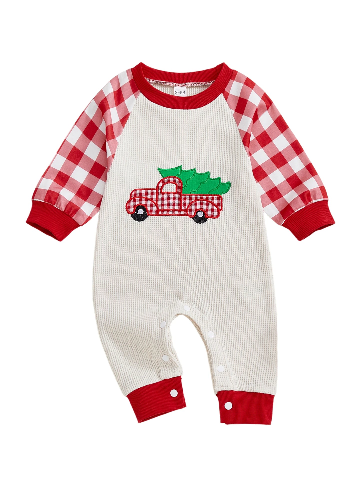 Baby Girl Boy Thanksgiving/Christmas Casual Jumpsuit Long Sleeve Round Neck Car Truck Pumpkin Christmas Tree Embroidery Plaid Romper