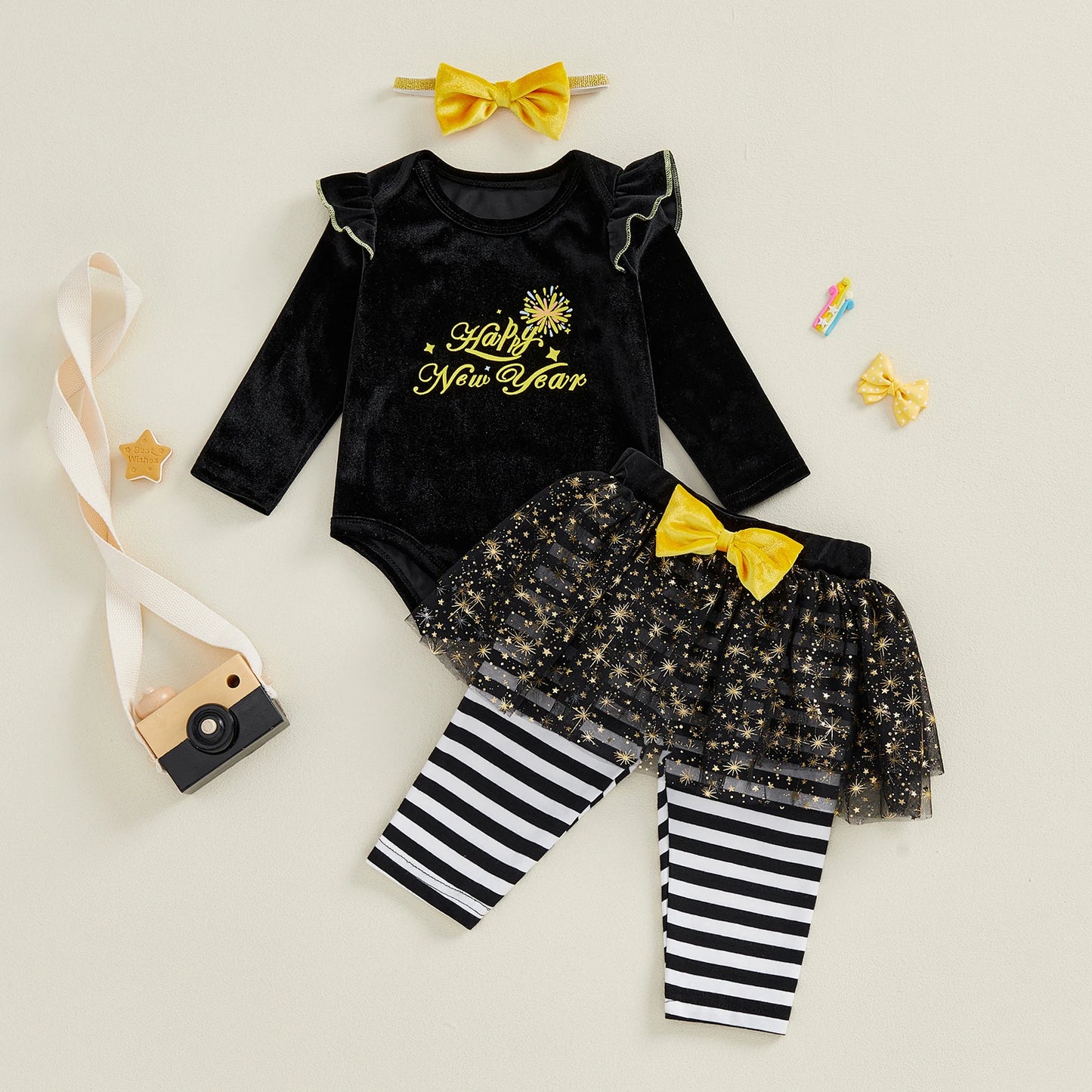 Baby Girls 3Pcs Happy New Year Long Sleeve O Neck Letter Print Romper Tutu Pants Headband Outfits Set