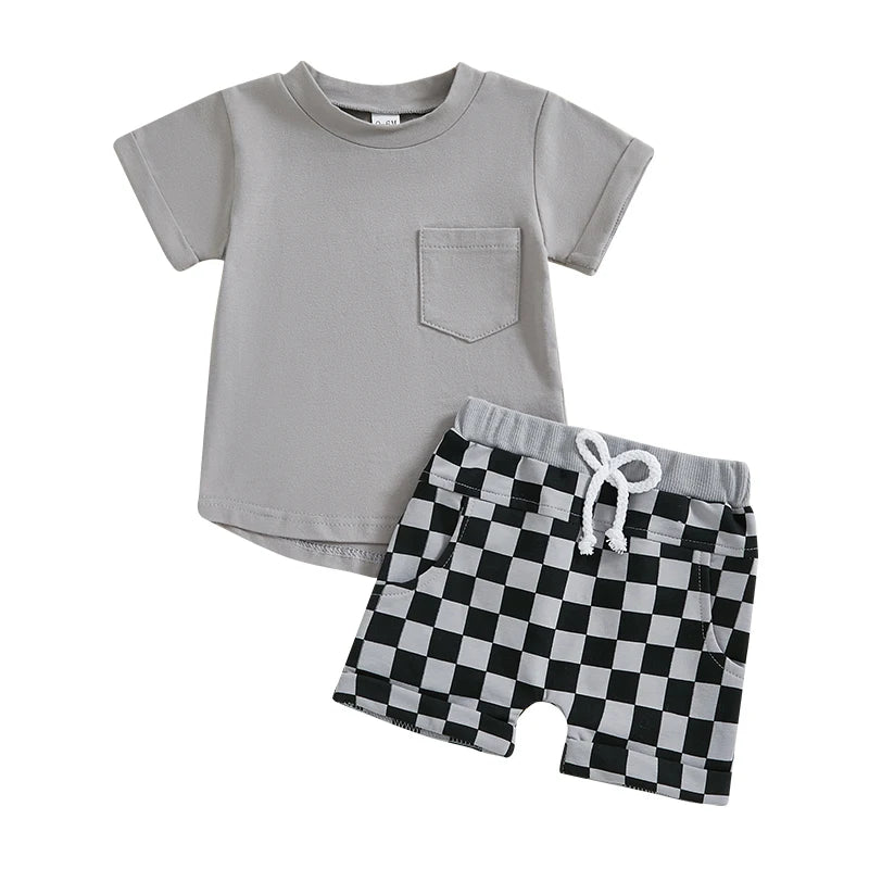 Baby Toddler Boys 2Pcs Summer Outfit Solid Color Short Sleeve Top T-Shirt Checkered Shorts Set