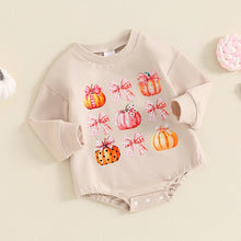 Load image into Gallery viewer, Baby Girls Halloween Thanksgiving Bubble Romper Pumpkin Bow Print Long Sleeve Round Neck Jumpsuit for Fall
