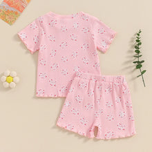 Load image into Gallery viewer, 2024-03-26 Lioraitiin Toddler Girl Summer Outfit Flower Print Round Neck Short Sleeve T-Shirts Tops and Shorts 2Pcs Clothes Set
