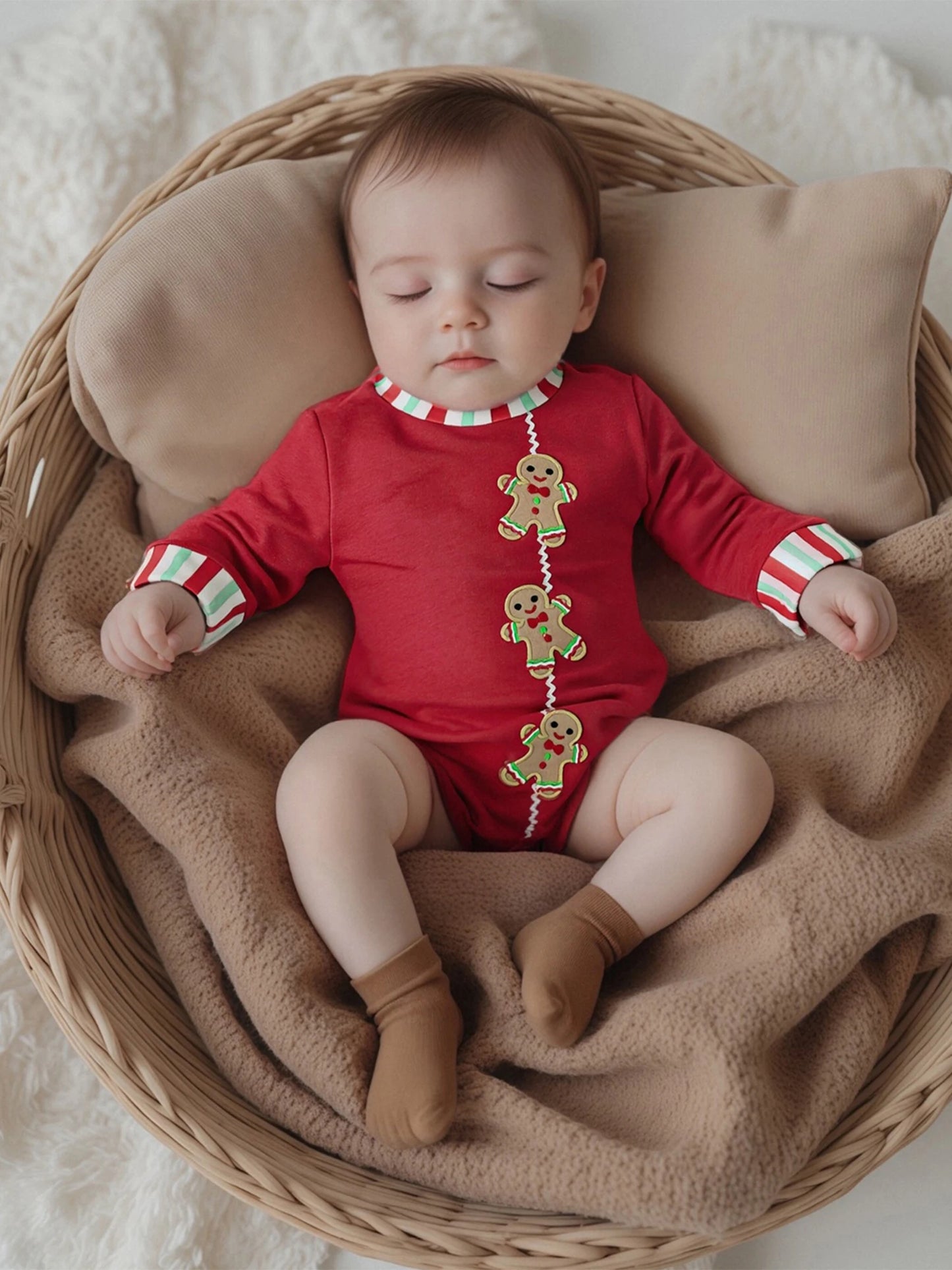 Baby Boys Girls Christmas Gingerbread Embroidery Romper Long Sleeve Crew Neck Bubble Infant Jumpsuit