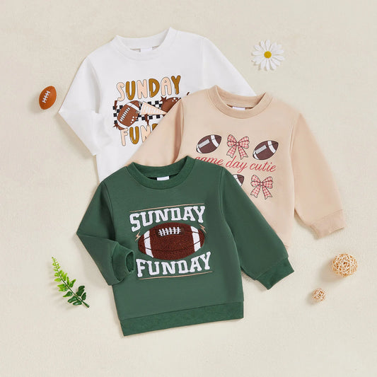 Baby Toddler Boys Girls Long Sleeve Crew Neck Letters Football Sunday Funday Game Day Pullover Top