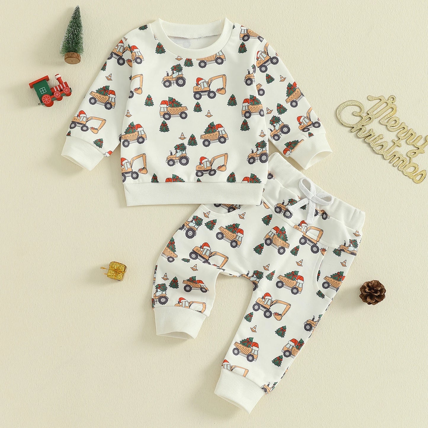 boy christmas outfit with machines, excavator, dump truck