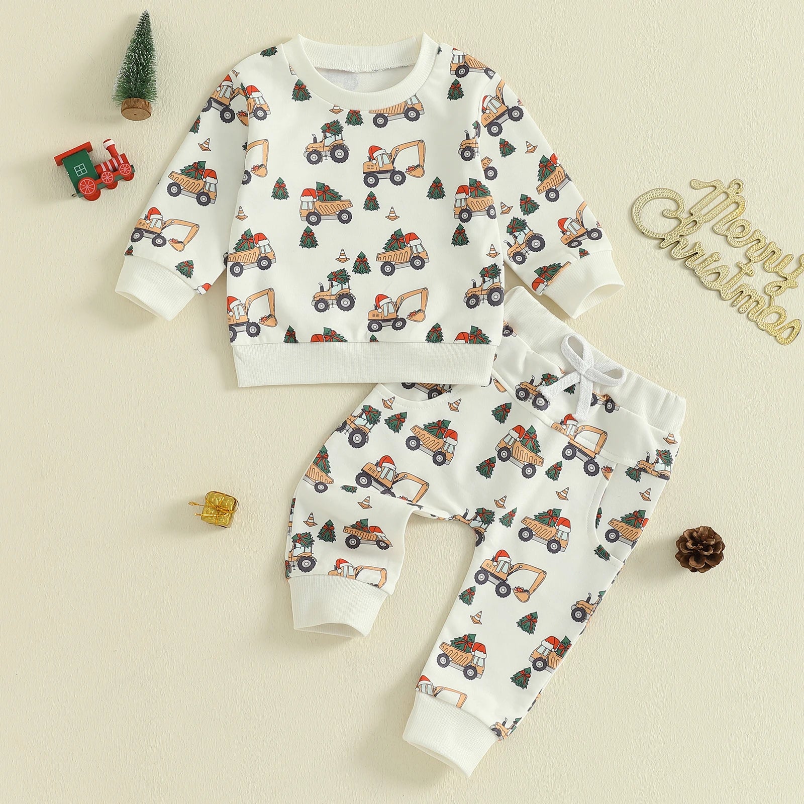 boy christmas outfit with machines, excavator, dump truck