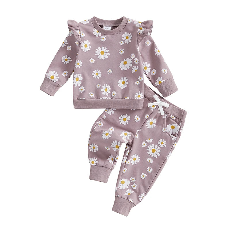 Baby Toddler Girls 2Pcs Spring Fall Outfit Daisy Print Ruffle Long Sleeve Pullover Top Elastic Waist Jogger Pants Set