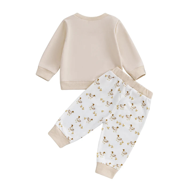 Baby Toddler Boys Girls 2Pcs Outfit Long Sleeve Round Neck Duck Embroidery Top Drawstring Pants Fall Jogger Set