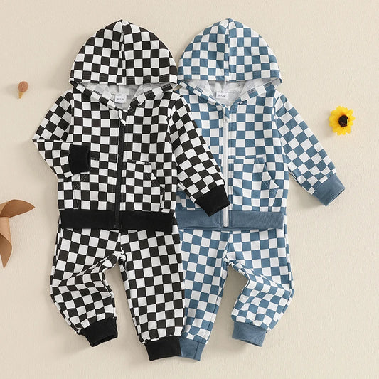 Baby Toddler Boy 2Pcs Checkered Outfit Long Sleeve Zip Up Hoodie Elastic Waist Pants with Pockets Jogger Set