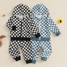 Load image into Gallery viewer, Baby Toddler Boy 2Pcs Checkered Outfit Long Sleeve Zip Up Hoodie Elastic Waist Pants with Pockets Jogger Set
