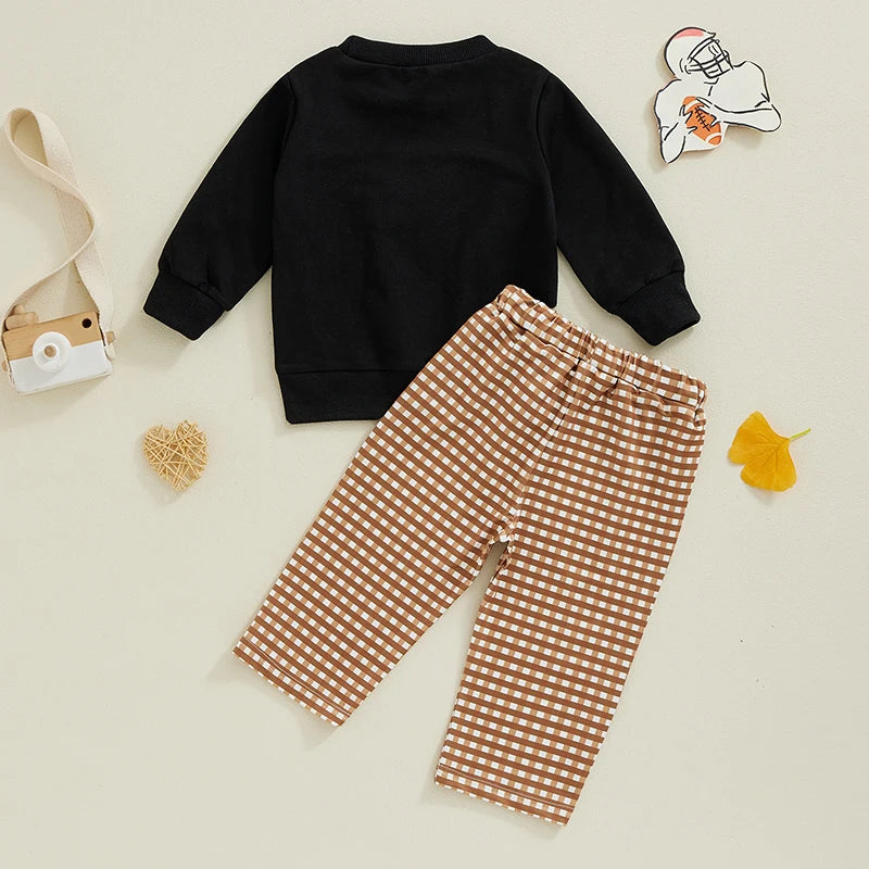 Baby Toddler Boys 2Pcs Fall Set Football Embroidered Long Sleeve Round Neck Top With Plaid Long Pants Outfit