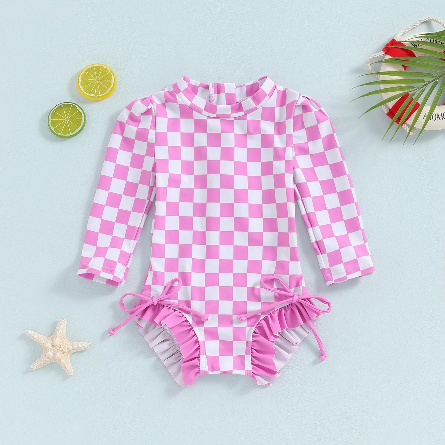 Baby Toddler Girls Beach Swimwear Long Sleeve Checkerboard Print Ruffle Romper Bathing Suit