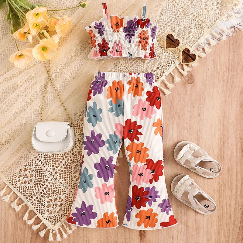 Baby Toddler Kids Girls 2Pcs Summer Sleeveless Tank Top Ruched Floral Flower Print Camisole Flared Matching Long Pants Set Outfit