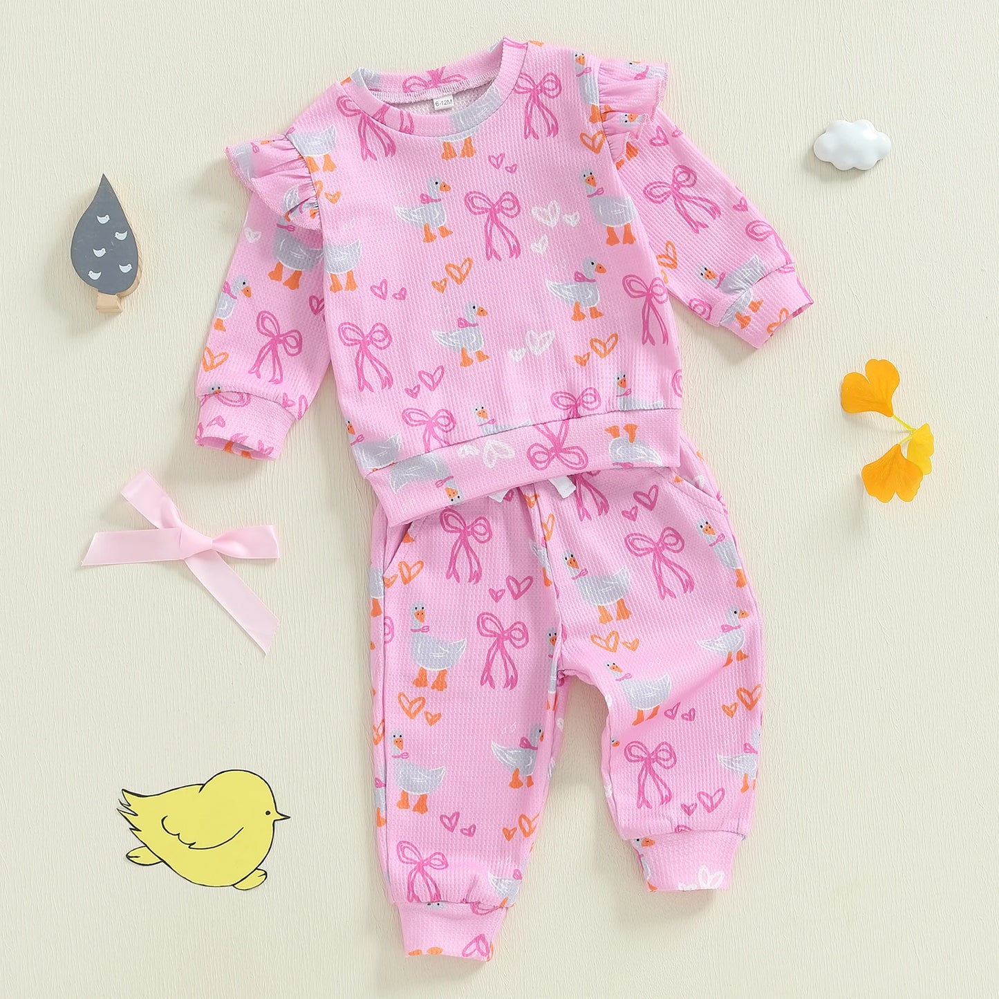 Baby Toddler Girls 2Pcs Fall Outfit Goose Bow Print Long Sleeve Round Neck Pullover Elastic Waist Pants Jogger Set