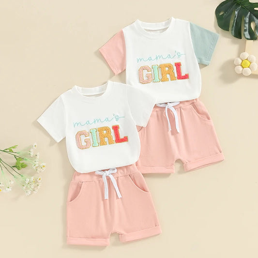 Baby Toddler Girl 2Pcs Mama's Girl Letter Embroidery Short Sleeve Round Neck Top with Solid Color Shorts Set