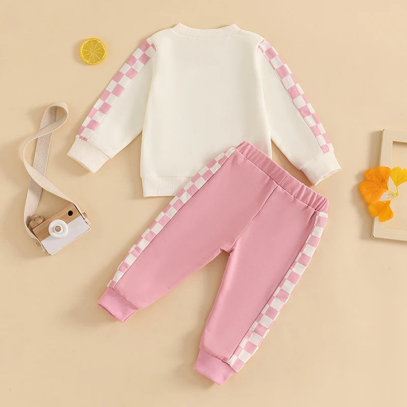 Baby Toddler Boys Girls 2Pcs Mama's Boy / Girl Outfit Checkered Letter Print Long Sleeve Crewneck Top and Elastic Pants Jogger Set