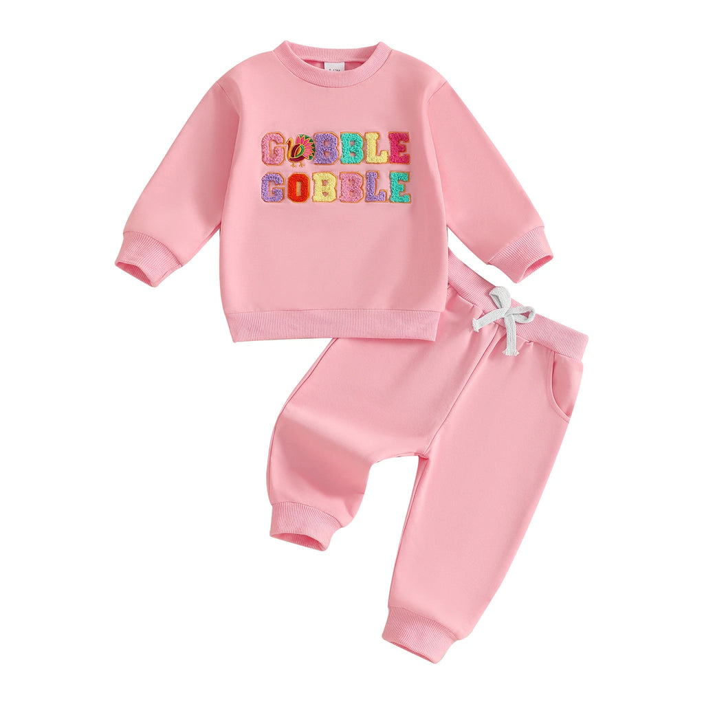 Baby Toddler Girls 2Pcs Thanksgiving Outfit Long Sleeve Turkey Gobble Embroidery Top + Pants Jogger Set Clothes