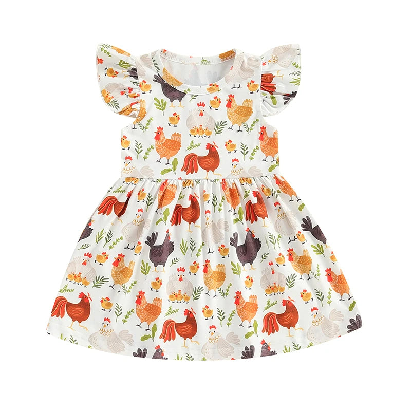 Baby Toddler Girls Dress Farm Rooster Hen Print Fly Short Sleeve Crew Neck Dress Summer Fall