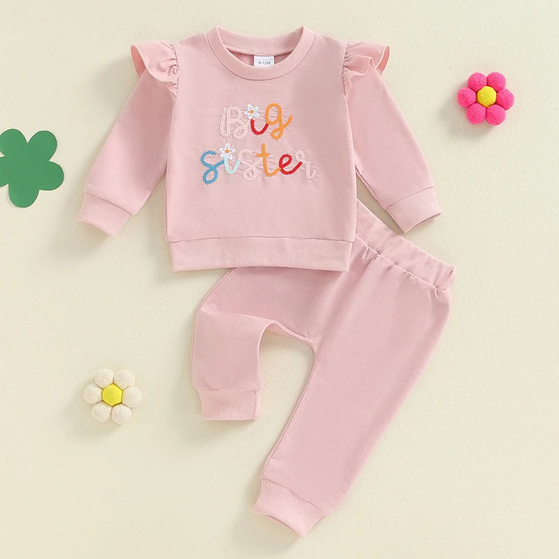 Toddler Kids Girls 2Pcs Big Sister Fall Outfit Letter Embroidery Long Sleeve Top with Elastic Waist Solid Pants Set