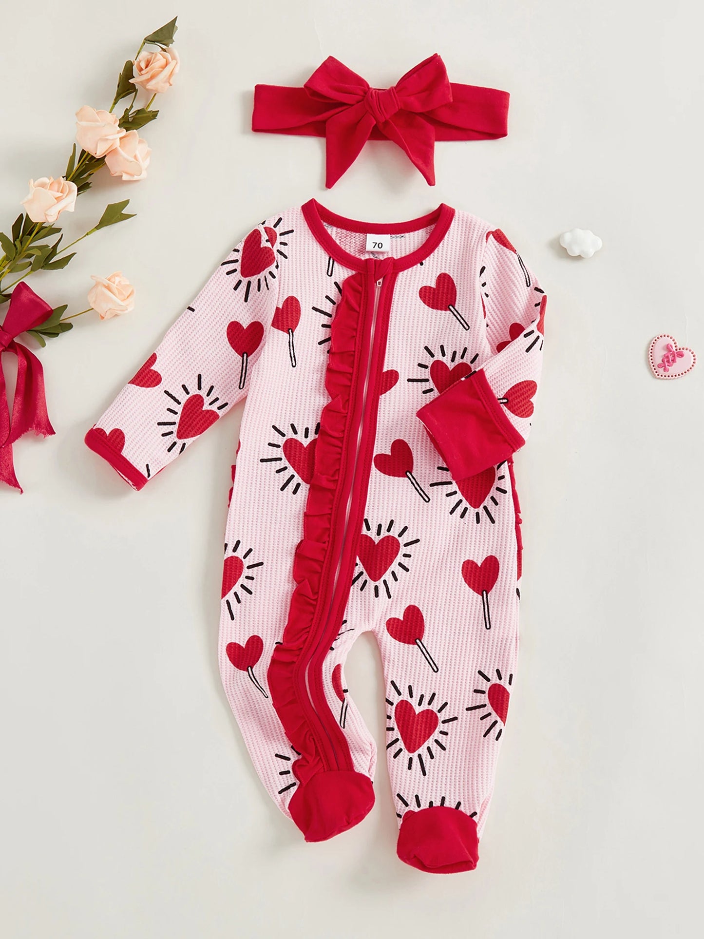 Baby Girl 2Pcs Valentines Day Zipper Romper Heart Candy Pattern Long Sleeve Zip Up Round Neck Footed Jumpsuit with Bow Headband Set