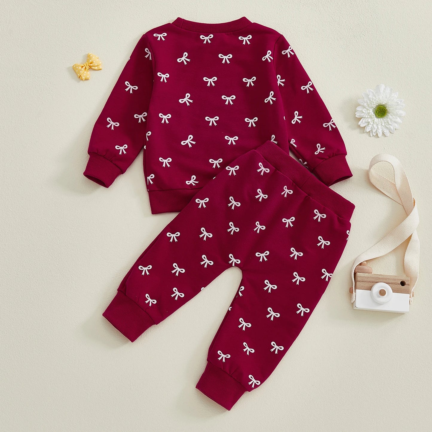 Baby Toddler Girl 2Pcs Fall Outfits Bow Print Long Sleeve Round Neck Pullover + Elastic Waist Long Pants 2Pcs Jogger Set
