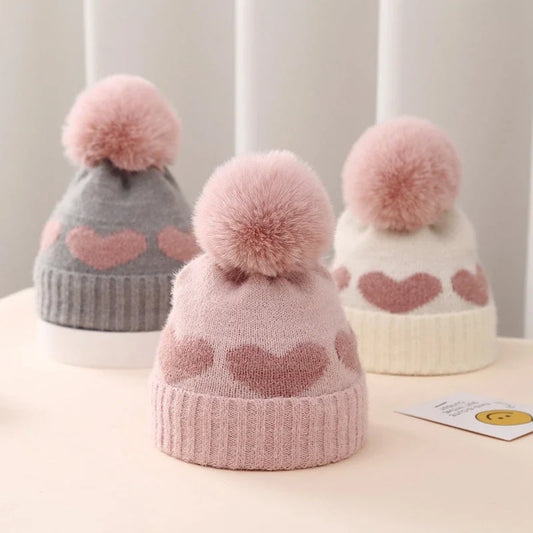 Baby Girl Winter Hat Cute Heart Pattern Plush Pom Pom Knit Beanie Warm