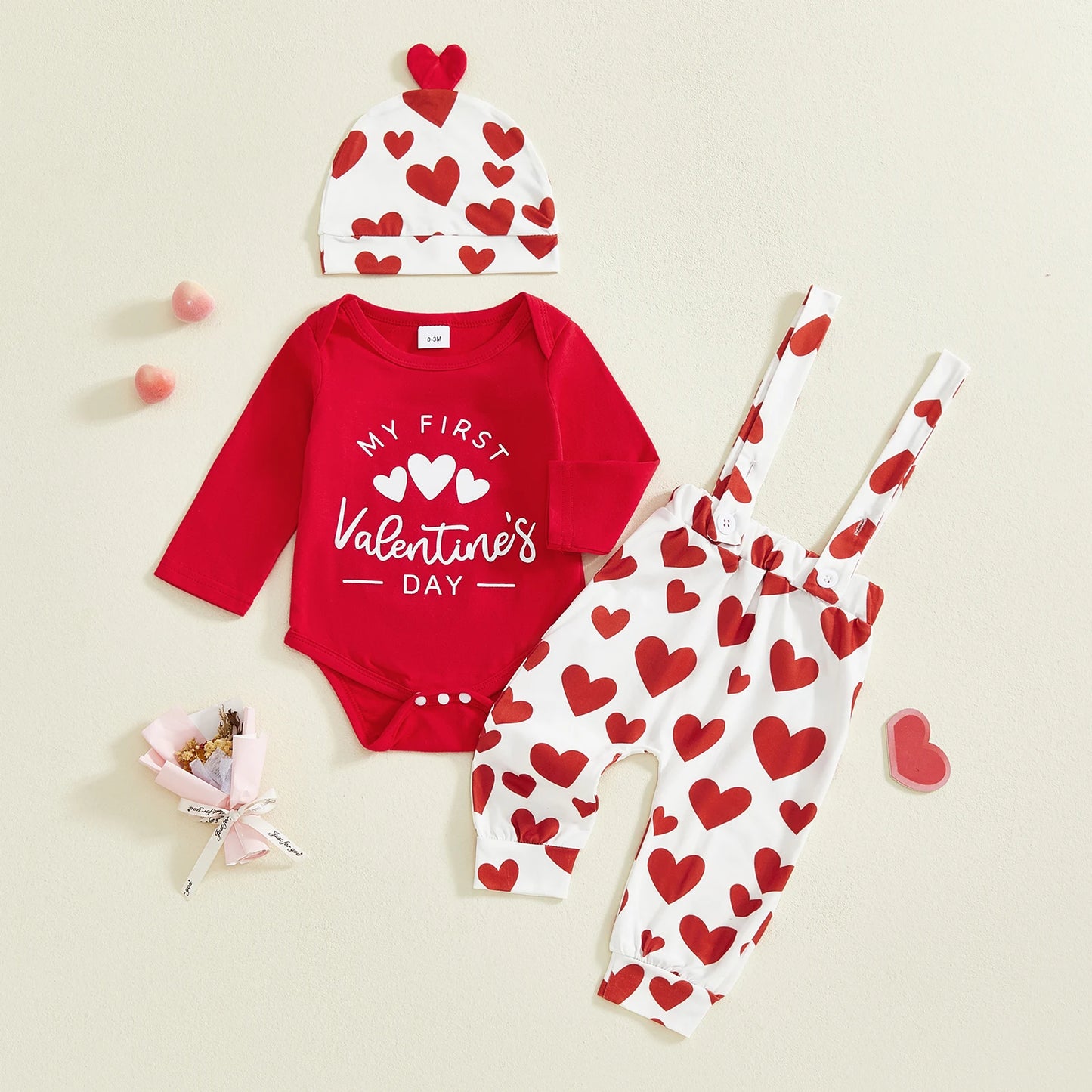 Baby Boys Girls 3Pcs My First Valentine's Day Outfit Heart Long Sleeve Romper Suspender Pants and Hat 3 Piece Set