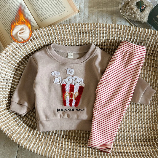 Baby Toddler Girls Boys 2Pcs Popcorn / Muffin Bon Appetit Embroidery Pullover Long Sleeve Top + Pants Set Outfit