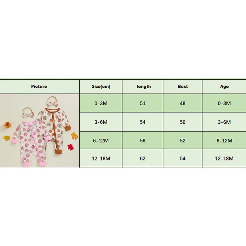 Baby Girls 2Pcs Halloween Bodysuit Pumpkin Daisy Print Zipper Long Sleeve Fall Romper Headband Outfit Set