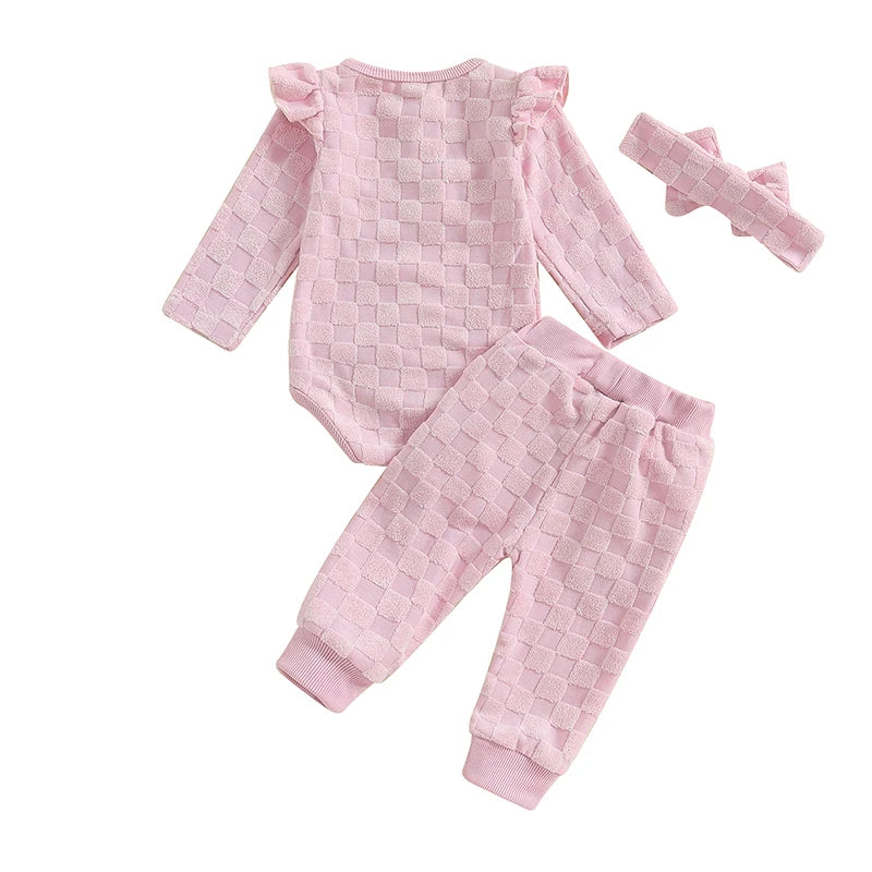 Baby Girls 3Pcs Set Checkered Button Long Sleeve Round Neck Ruffled Romper Long Pants Hair Band Outfit