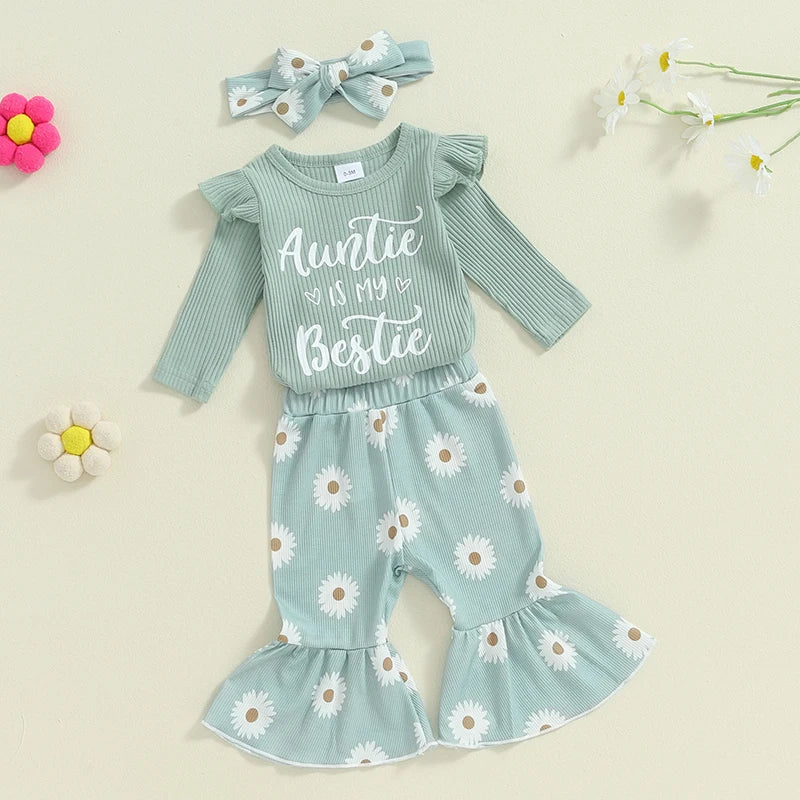 Baby Girls 3Pcs Auntie Is My Bestie Fall Outfit Letter Print Long Sleeve Romper and Elastic Daisy Flower Flared Pants Headband Set