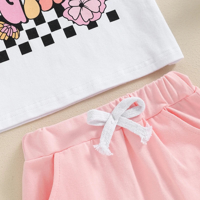 Baby Toddler Girls 2Pcs Mama's / Daddy's Girl Summer Outfit Letter Floral Flowers Checker Print Short Sleeve Top with Solid Color Elastic Waist Shorts Set