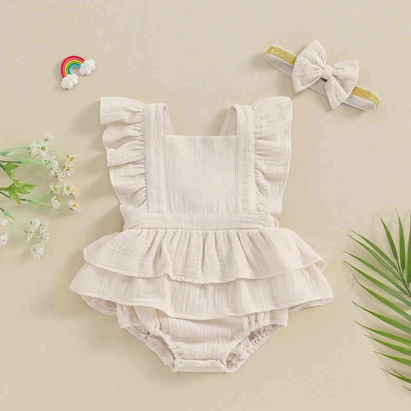 Baby Girls 2Pcs Romper Dress Solid Color Fly Sleeve Skirt Hem Tank Top Bodysuit Summer Clothes with Headband Set