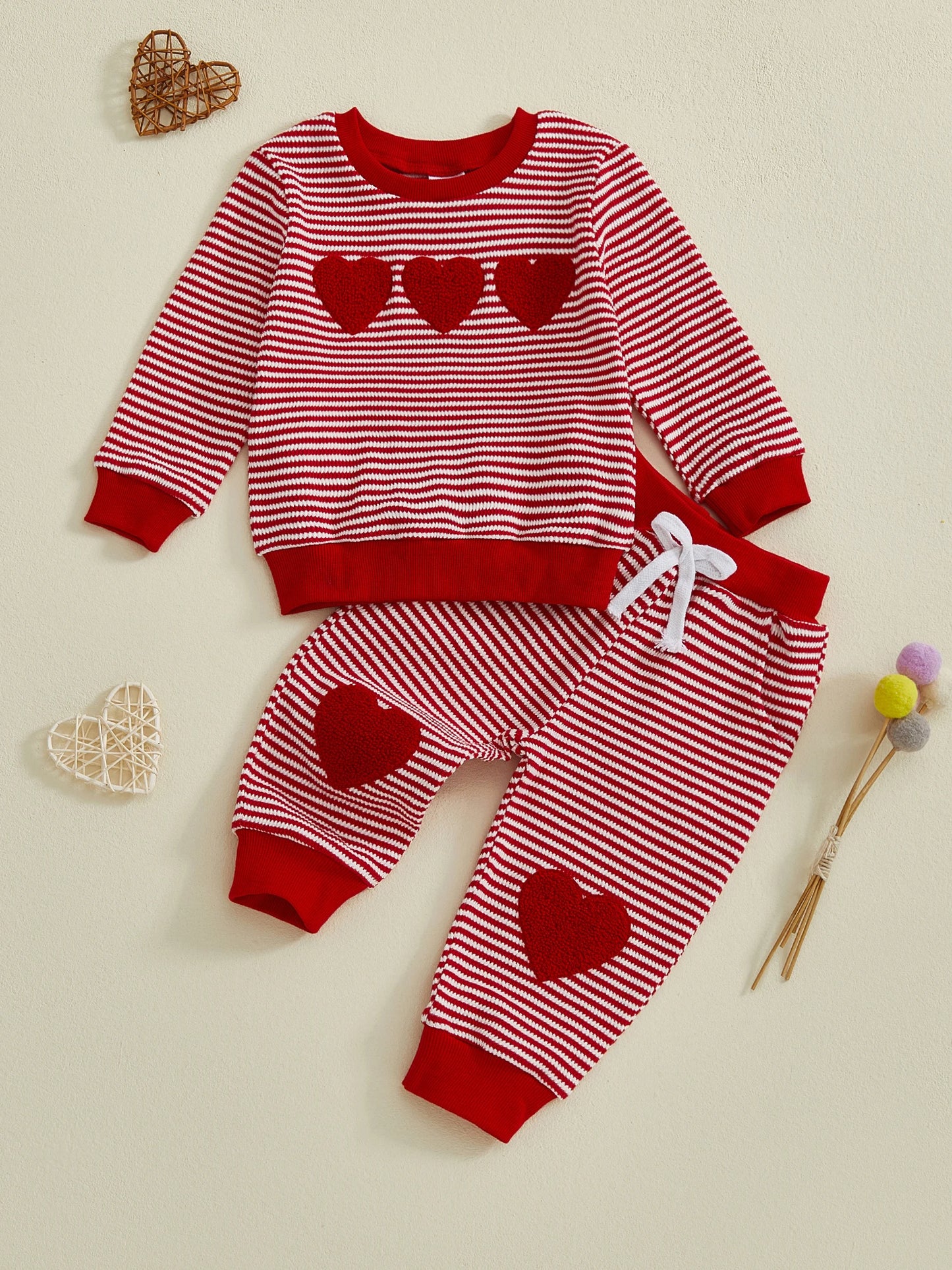 Baby Toddler Girls Boys XOXO Jogger Set Long Sleeve Striped Top with Heart Pants Valentines Day Clothes
