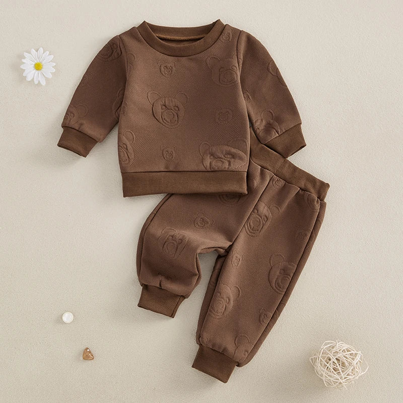 Baby Toddler Boys Girls 2Pcs Jogger Set Bear Pattern Long Sleeve Crewneck Top Long Pants Fall Outfit