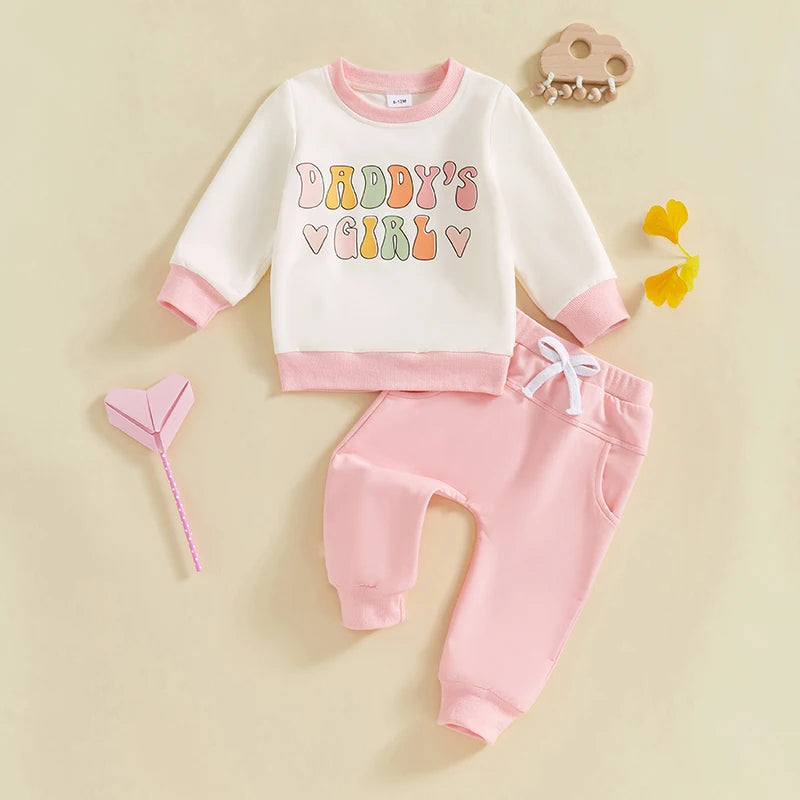 Baby Toddler Girls 2Pcs Daddy's Girl Outfit Long Sleeve Letters Heart Print Crewneck Top Pants Jogger Set