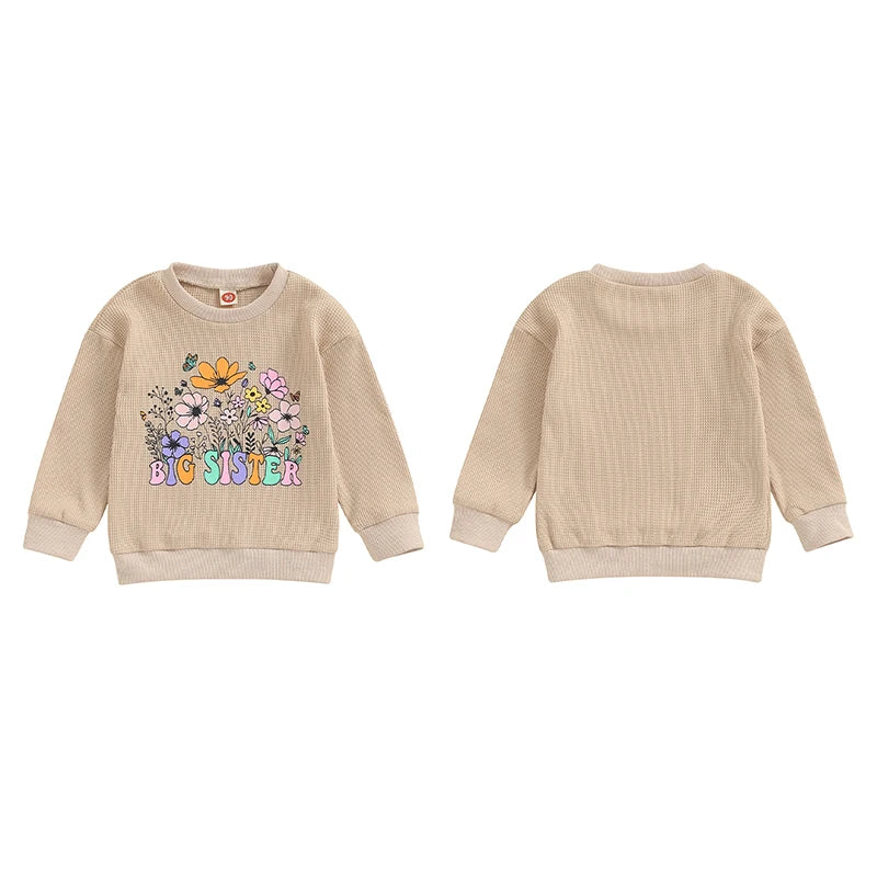 Toddler Kids Girls Big Sister Autumn Long Sleeve Crewneck Letter Flower Print Loose Fit Pullover Top