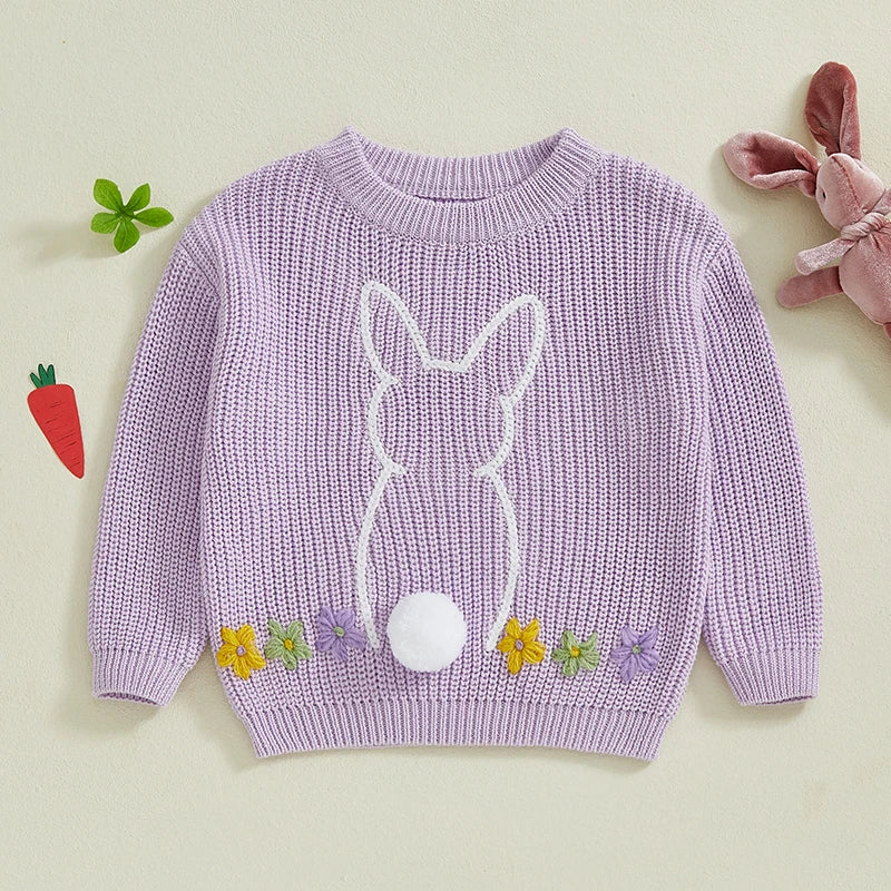 Baby Toddler Girls Sweater Easter Clothes Bunny Rabbit Flower Embroidery Crew Neck Long Sleeve Spring Pullover Top