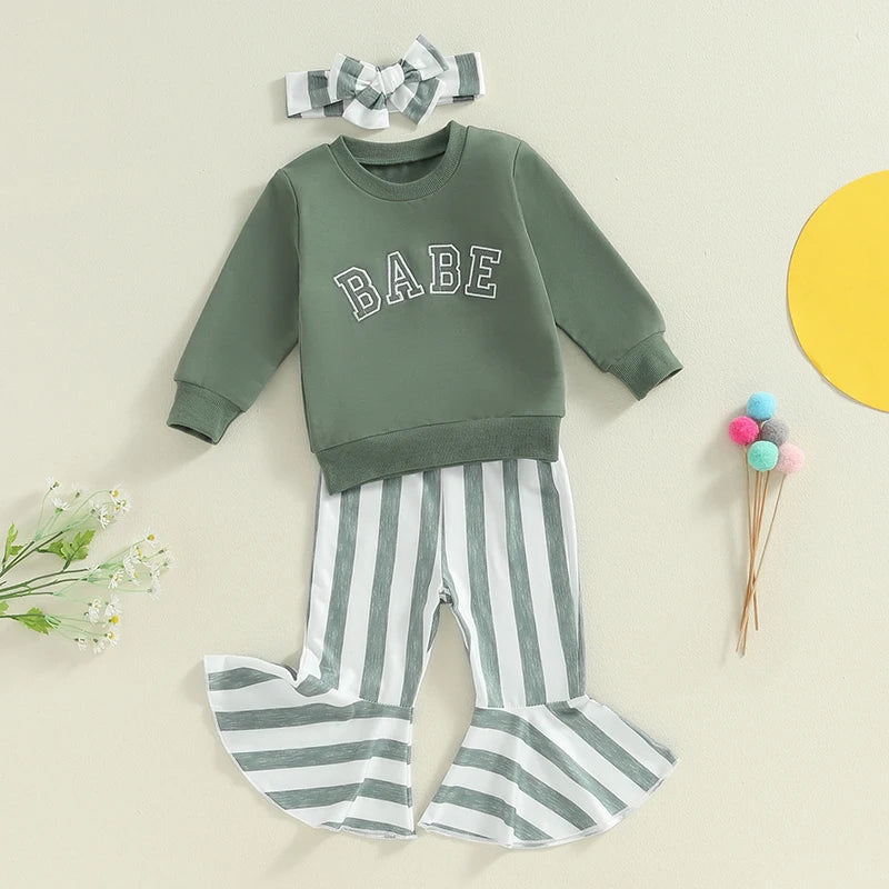 Baby Toddler Girls 3Pcs Set BABE Letter Embroidered Long Sleeve O-Neck Top Striped Print Flare Pants Hairband Outfit