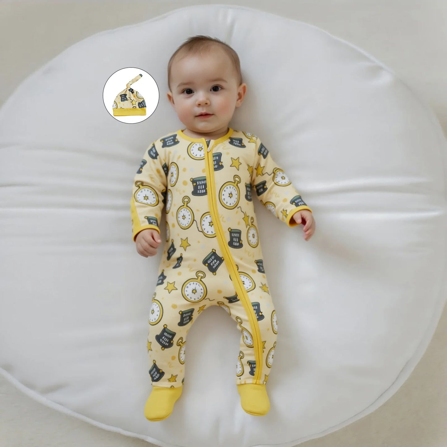 Baby Boy Girl 2Pcs Happy New Year Outfits Cute Long Sleeve Round Neck Hat Clock Print Footed Jumpsuit and Hat Set