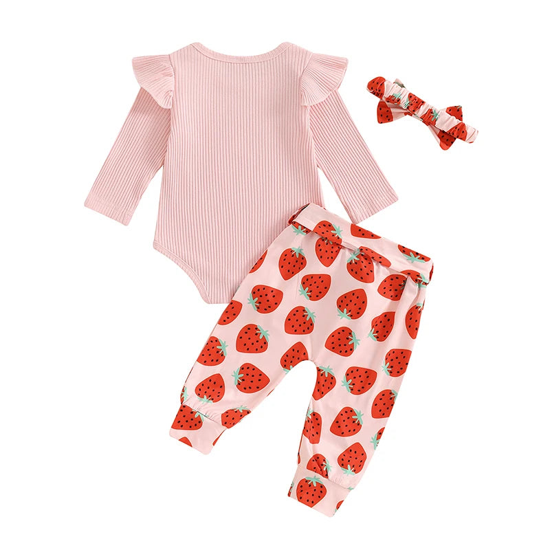 Baby Girls 3Pcs Fall Outfit Ribbed Long Sleeve Romper with Floral / Strawberry Pattern Pants and Headband Set