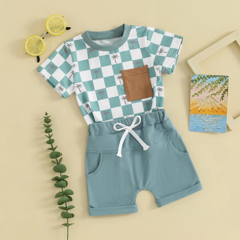 Baby Toddler Boys 2Pcs Summer Spring Shorts Set Short Sleeve Checker Palm Tree Print Top with Elastic Waist Shorts Outfit