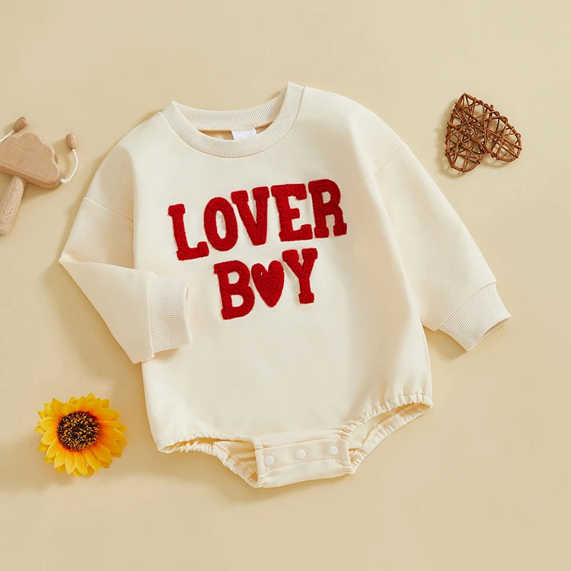 Baby Boy Bubble Romper Valentines Long Sleeve Round Neck Heart Letter Lover Boy Embroidery Bodysuit Valentine's Day