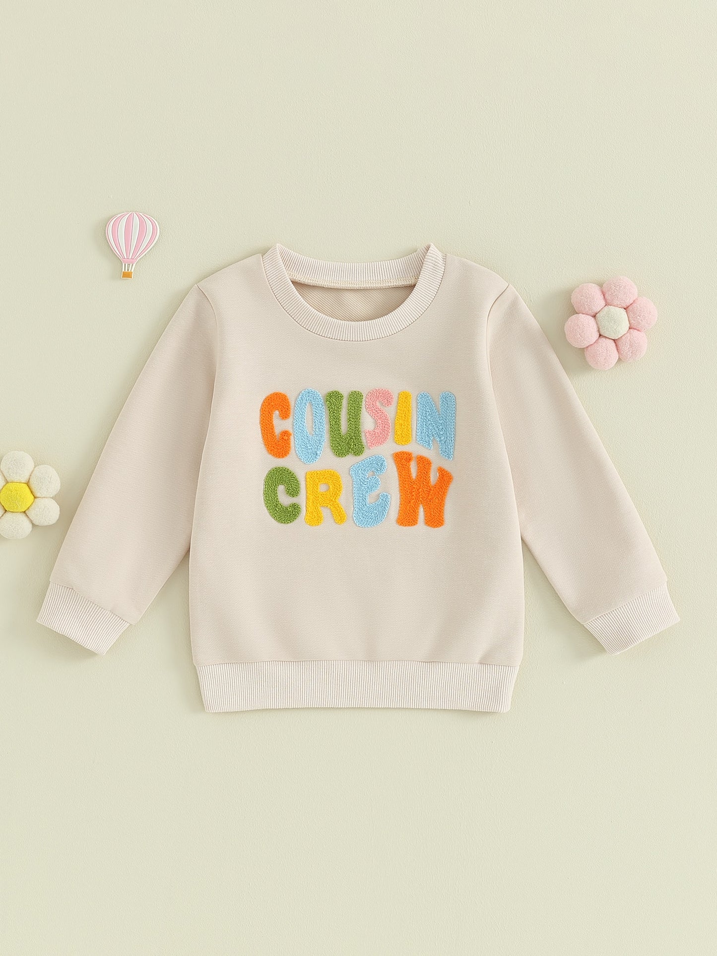 Toddler Baby Kids Boys Girls Fuzzy Letter Embroidery Cousin Crew Matching Long Sleeve Round Neck Pullover Loose Top